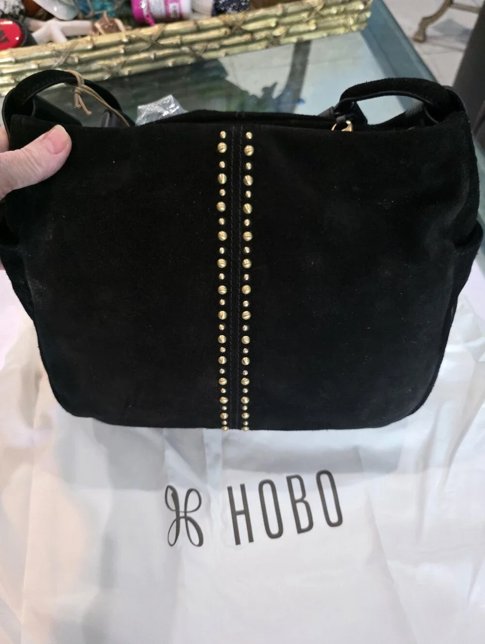 Nwt HOBO Black Suede Hobo Bag with Gold Stud Trim